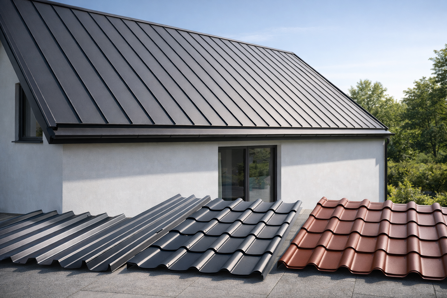 Modernes Wohnhaus mit Dachblech in Stehfalz- und Pfannenblechoptik